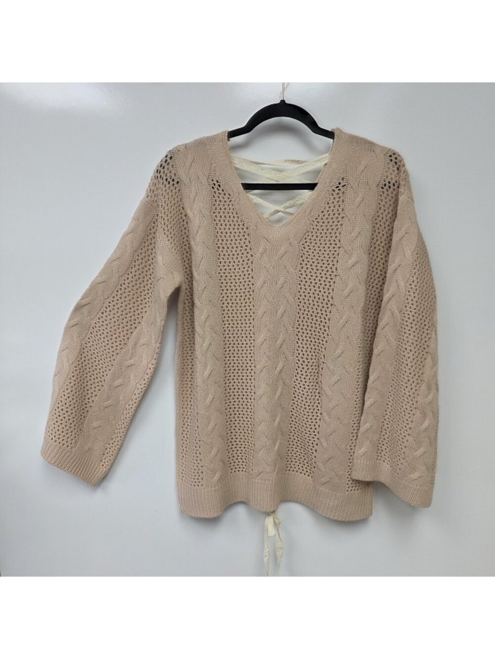 Kori America Sweater Womens M/L Beige Cable Knit V Neck Lace Up Back Pullover